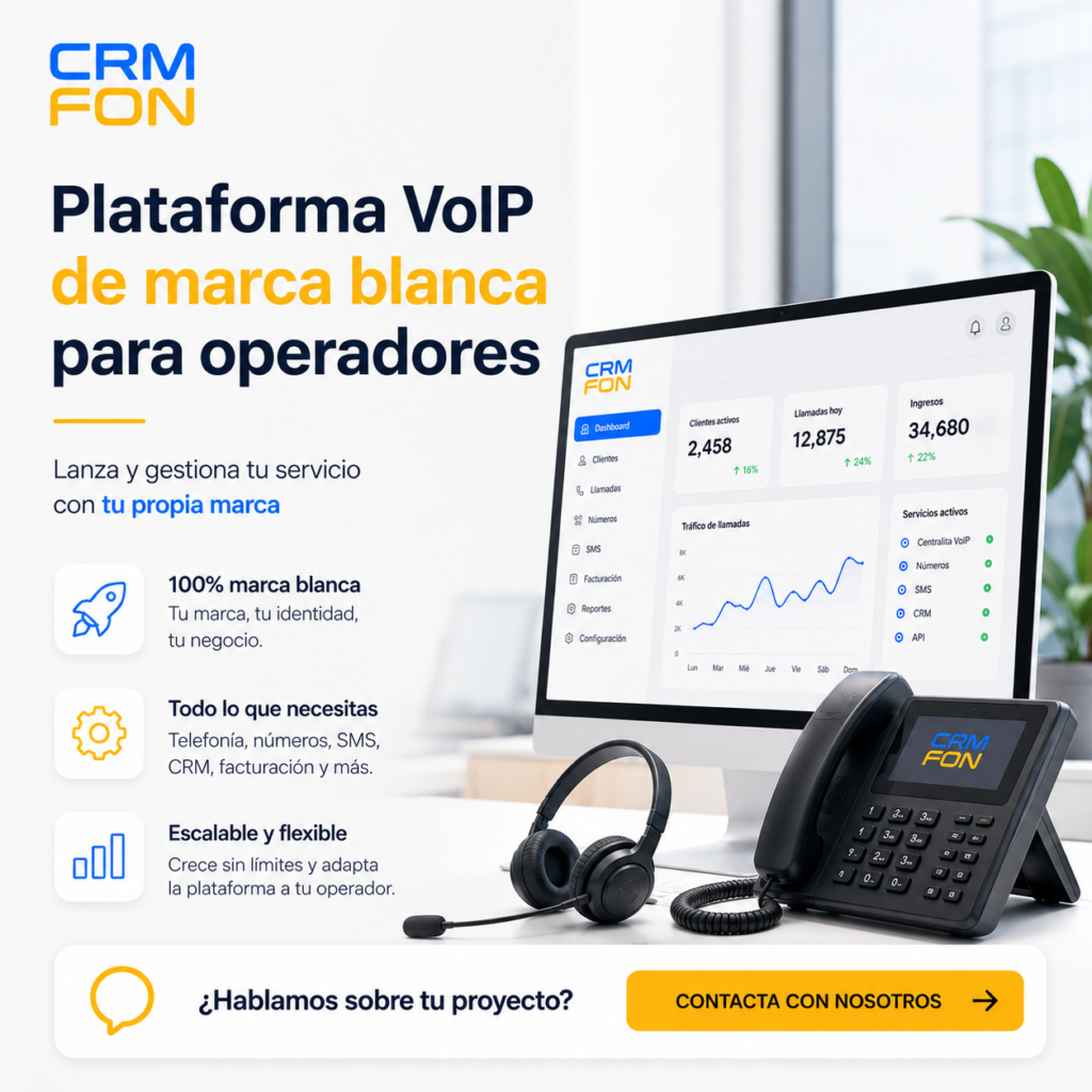 CRMfon, plataforma VoIP de marca blanca para operadores virtuales en España con CRM, centralita, numeración, SMS, facturación y servicios telecom.